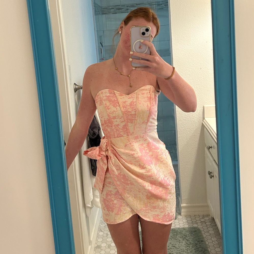 Strapless Pink Floral Bow-Accent Mini Dress